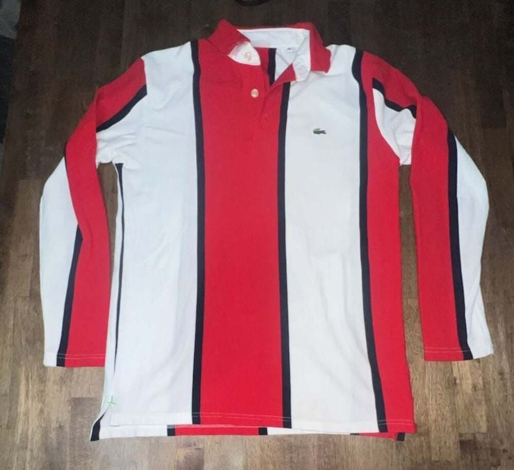 Lacoste Long Sleeve Vertical Striped Rugby Polo Shirt Red White Blue XL